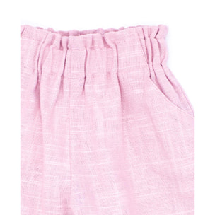 Pantalón largo de lino rosa. Elastico en la cintura, picunela en el bajo.