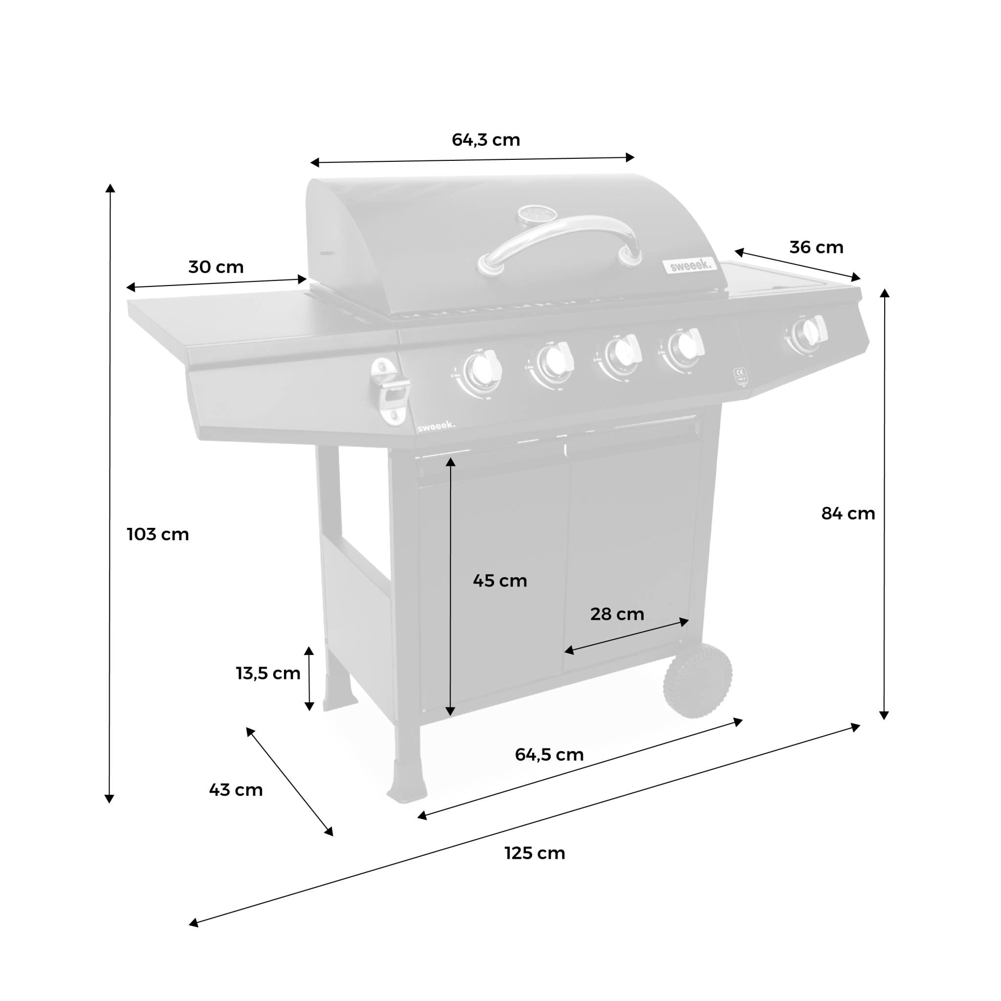 Barbecue gaz - Treville - Barbecue 4 brûleurs dont 1 feu latéral noir. avec thermomètre
