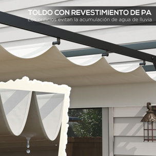 Pérgola 3x4 m Gazebo Cenador de Jardín con Techo Retráctil de Poliéster y 12 Orificios de Drenaje Pérgola para Patio Terraza Exterior Blanco y Gris Oscuro