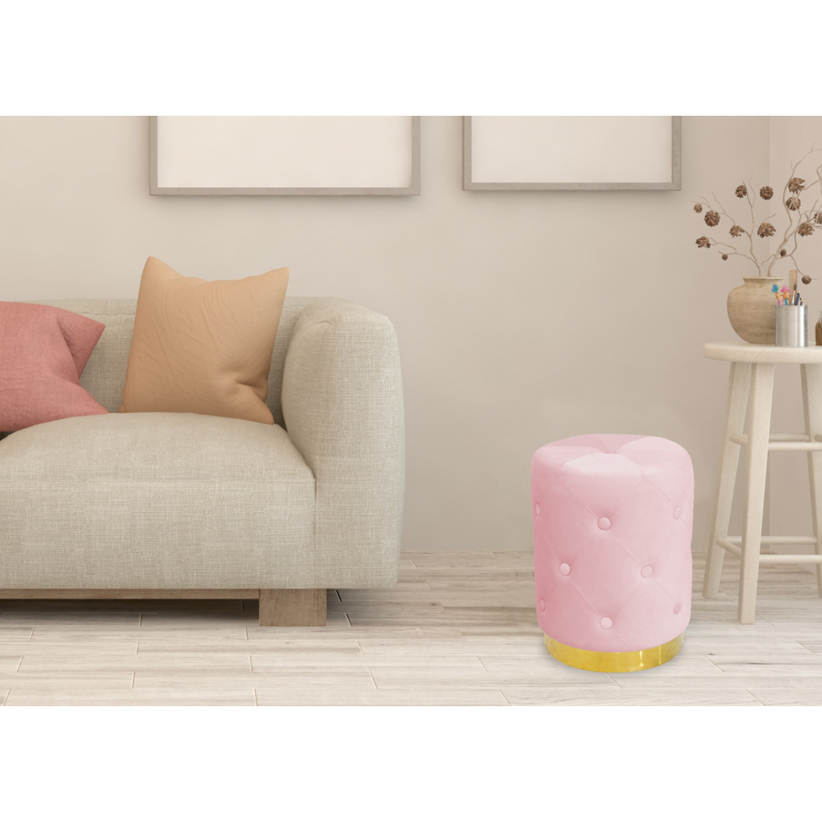 Pouf Poggiapiedi Rotondo Seduta In Velluto Velvet Chic Rosa Antico