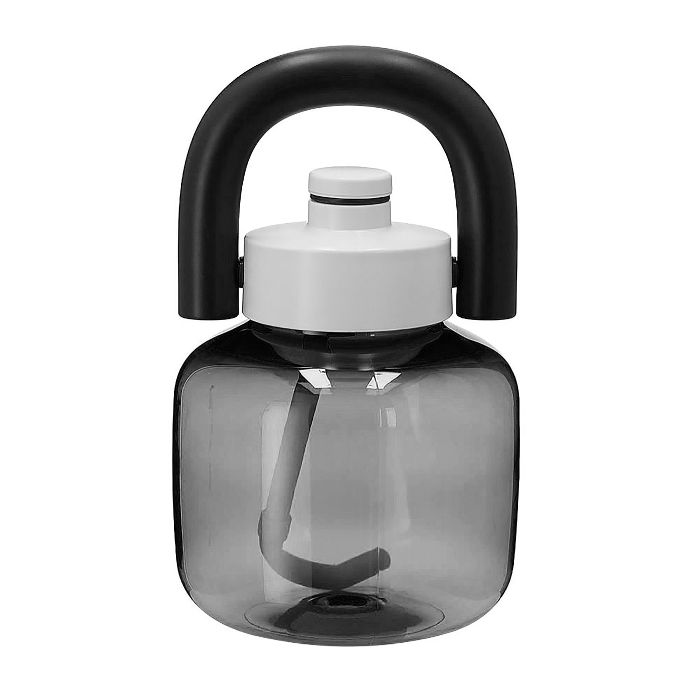 Bidón en resistente RPET con 1,8 L de capacidad. Con original forma de kettlebell. Incluye de cierre a rosca, pajita y firme asa de transporte. Libre de BPA.