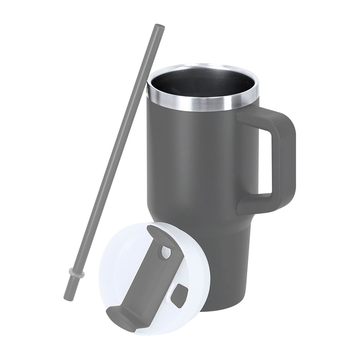 Taza térmica en Acero Inox Reciclado de doble pared y 450 ml de capacidad. Con tapadera de cierre a presión con orificio para beber y tapa deslizante para pajita.