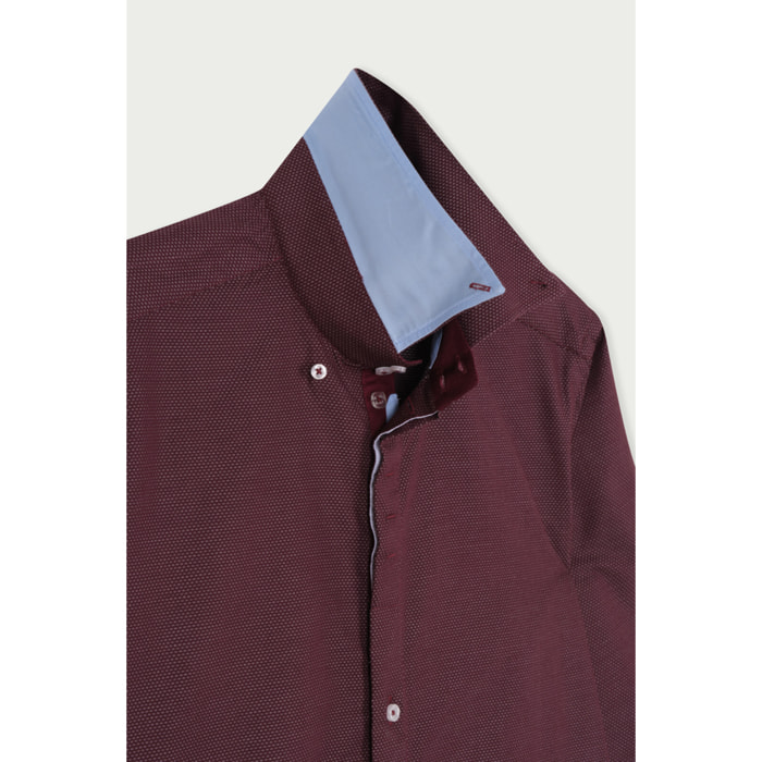 Camicia Uomo 2 Bottoni Button Down Slim Jacquard Fantasia Rosso Bordeaux/Bianco