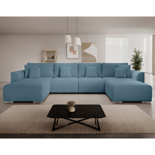 Gabriel - Canapé panoramique en U 7 places convertible avec coffre en tissu texturé - Bleu