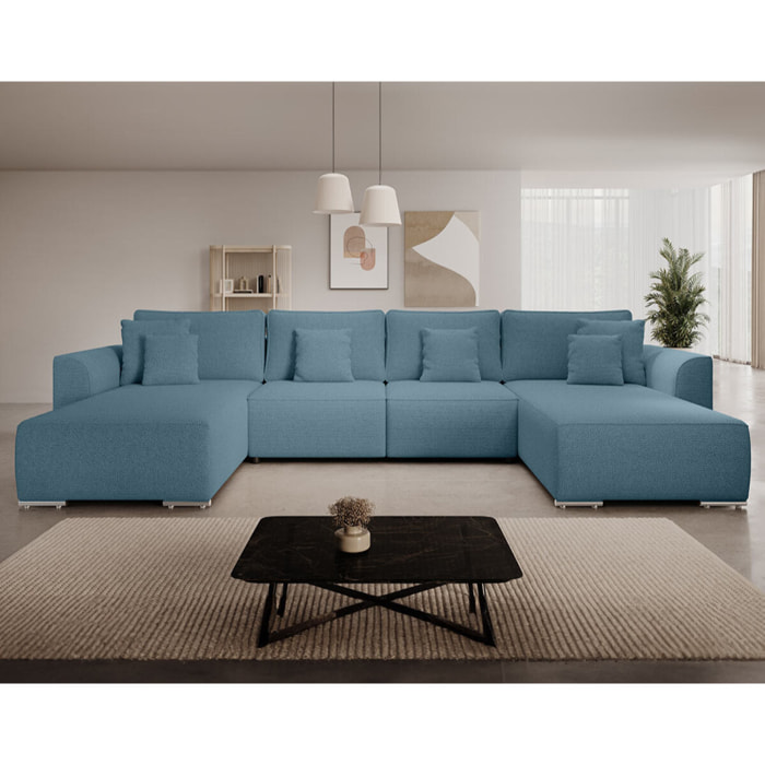 Gabriel - Canapé panoramique en U 7 places convertible avec coffre en tissu texturé - Bleu