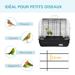 Cage à oiseaux portable 2 mangeoires 2 perchoirs 3 portes plateau excrément amovible poignée transport métal PS noir