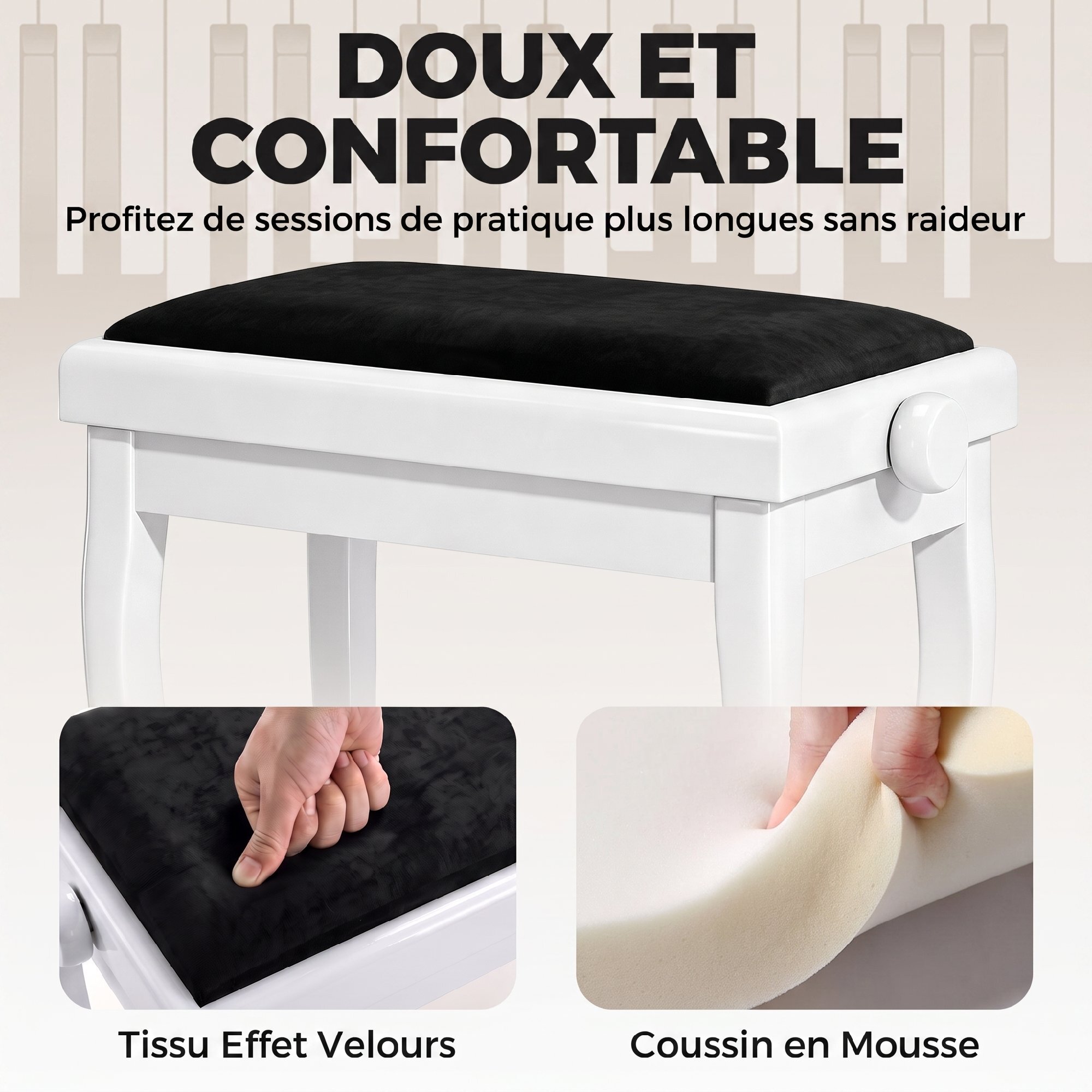 Banc de Piano, Tabouret Piano Réglable en Hauteur 45-56 cm, Siège Rembourré en Velours, Blanc