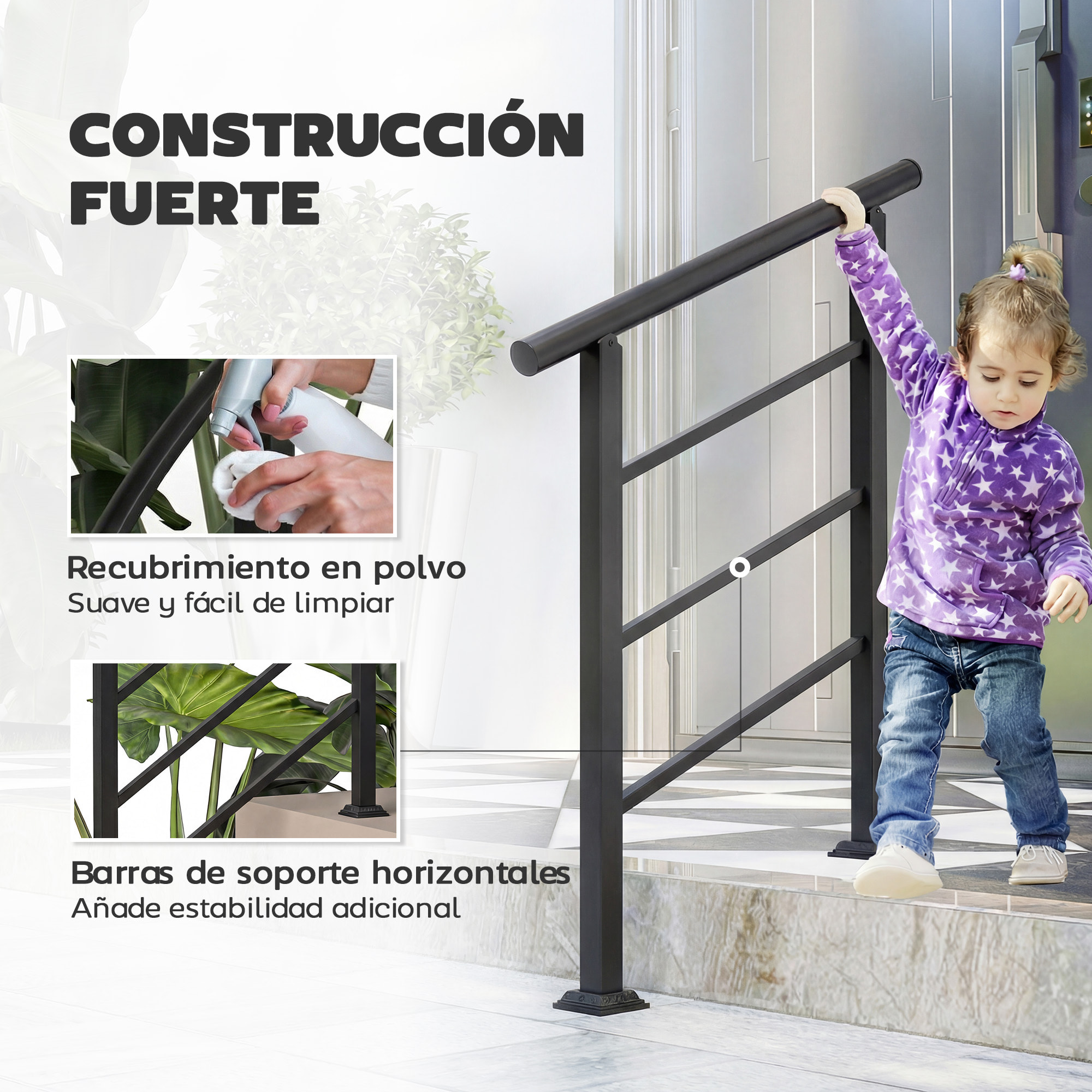 Barandilla de Escalera, 95 cm, Pasamanos para Escalera con Kit de Instalación, Ángulo Ajustable para 1-3 Escalones, para Porches, Madera y Concreto, para Exterior, Terraza, Patio, Negro