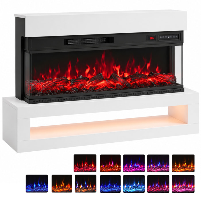 Chimenea Eléctrica de Pie o Pared, 900/1800W, con Tira LED, 3 Caras, Mueble para TV 55", Chimenea Decorativa, 12 Colores de Llama 3D, 5 Brillos, Termostato, Temporizador, Control Remoto, Blanco