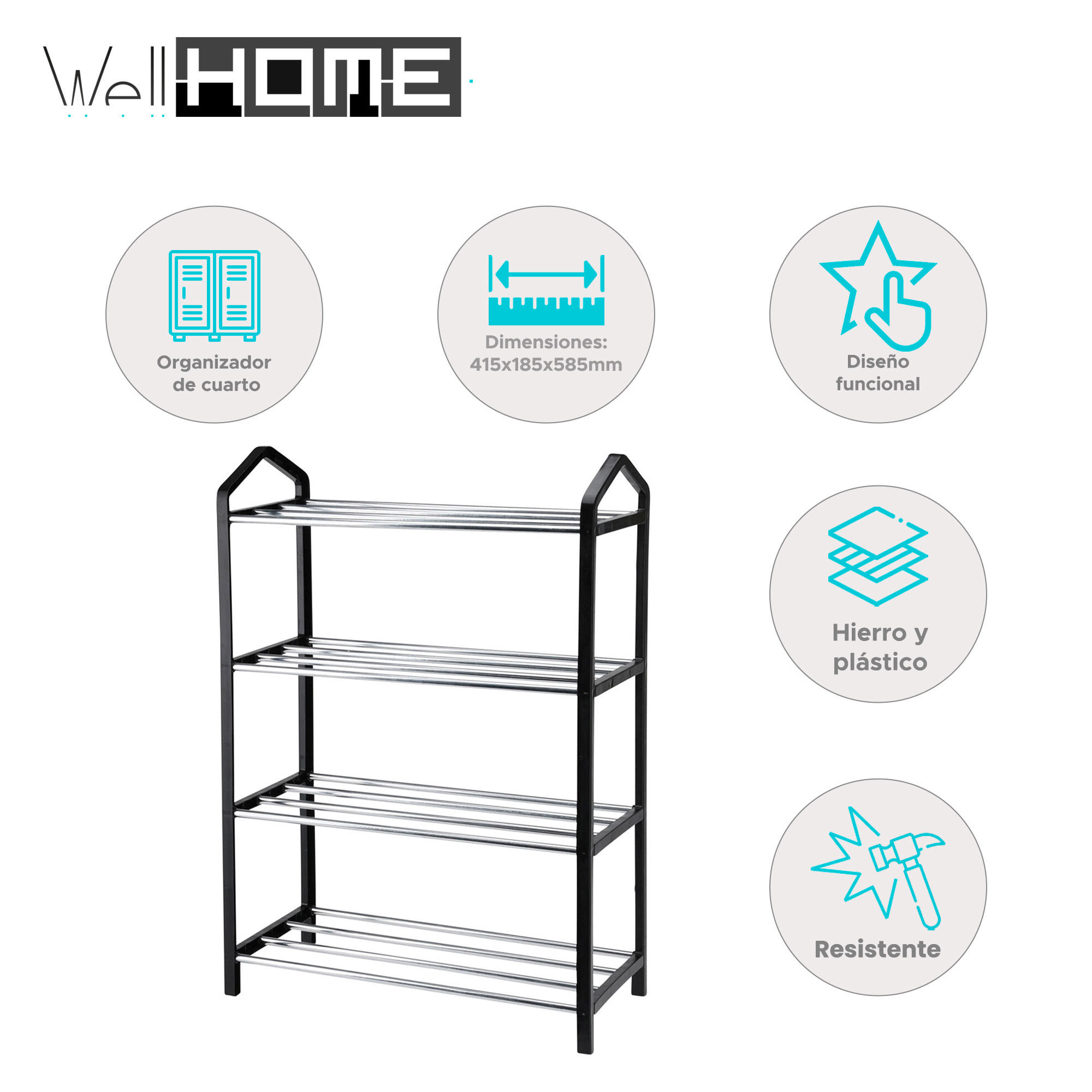Well home organizador de zapatos de 4 capas con estructura de hierro y plástico para un almacenamiento eficiente