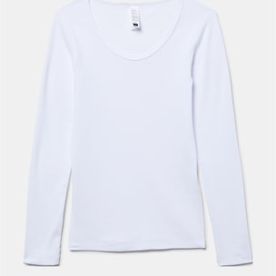 Camiseta manga larga de patrón básico con escote redondo ligeramente escotado