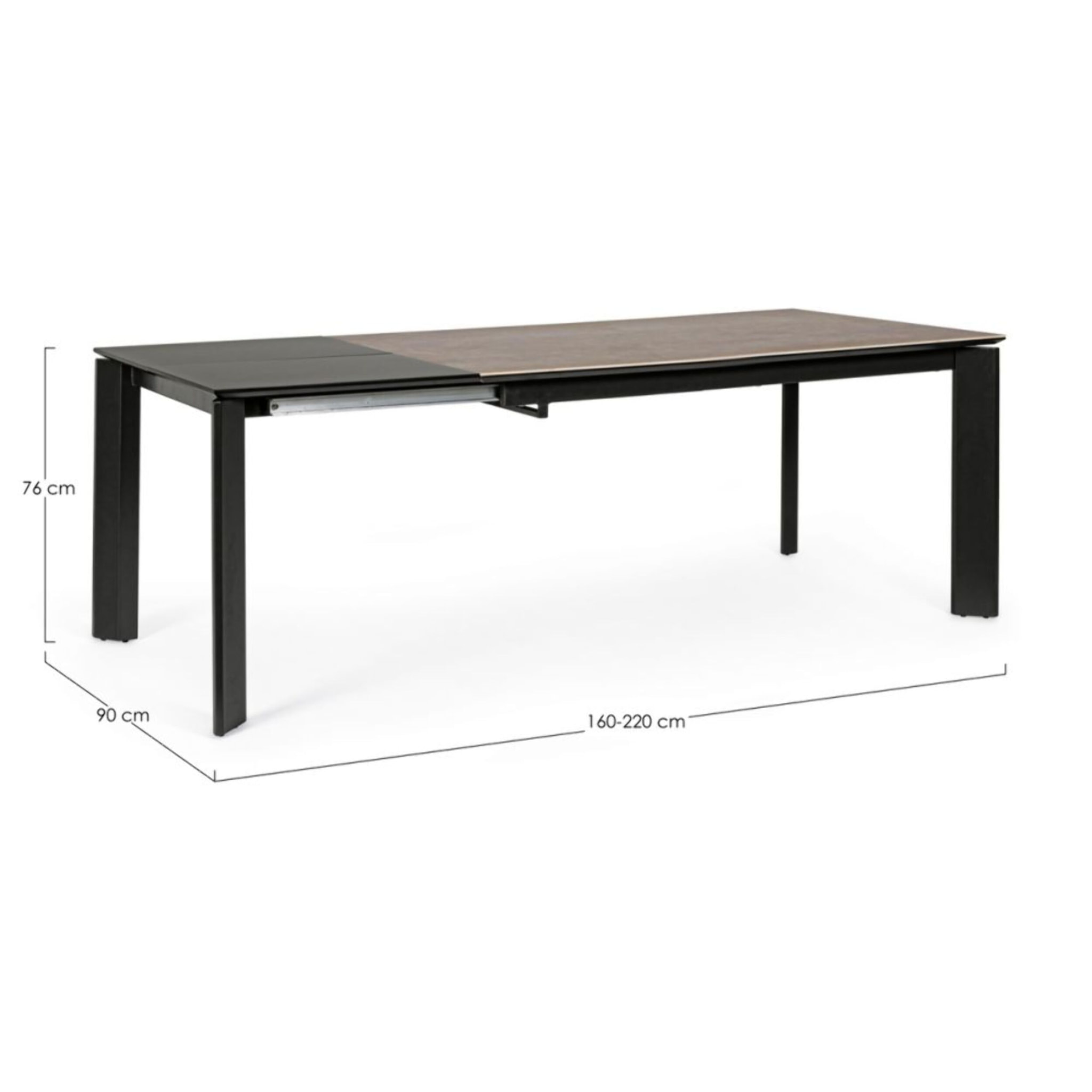 Tavolo BRIVA in acciaio nero e piano in ceramica marrone, allungabile 160×90 cm – 220×90 cm