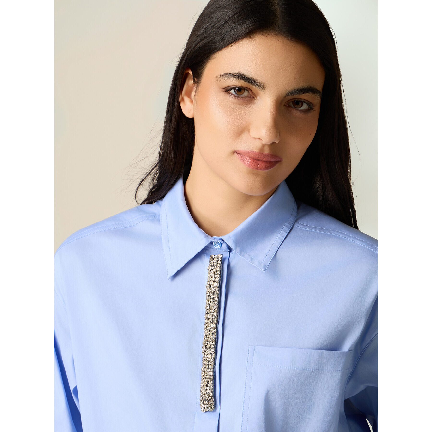 Oltre - Camicia in popeline con ricamo gioiello - Azzurro