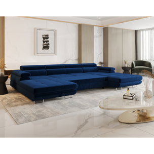 Ayden - Canapé panoramique en U 7 places convertible avec coffre et têtières réglables en tissu - Bleu
