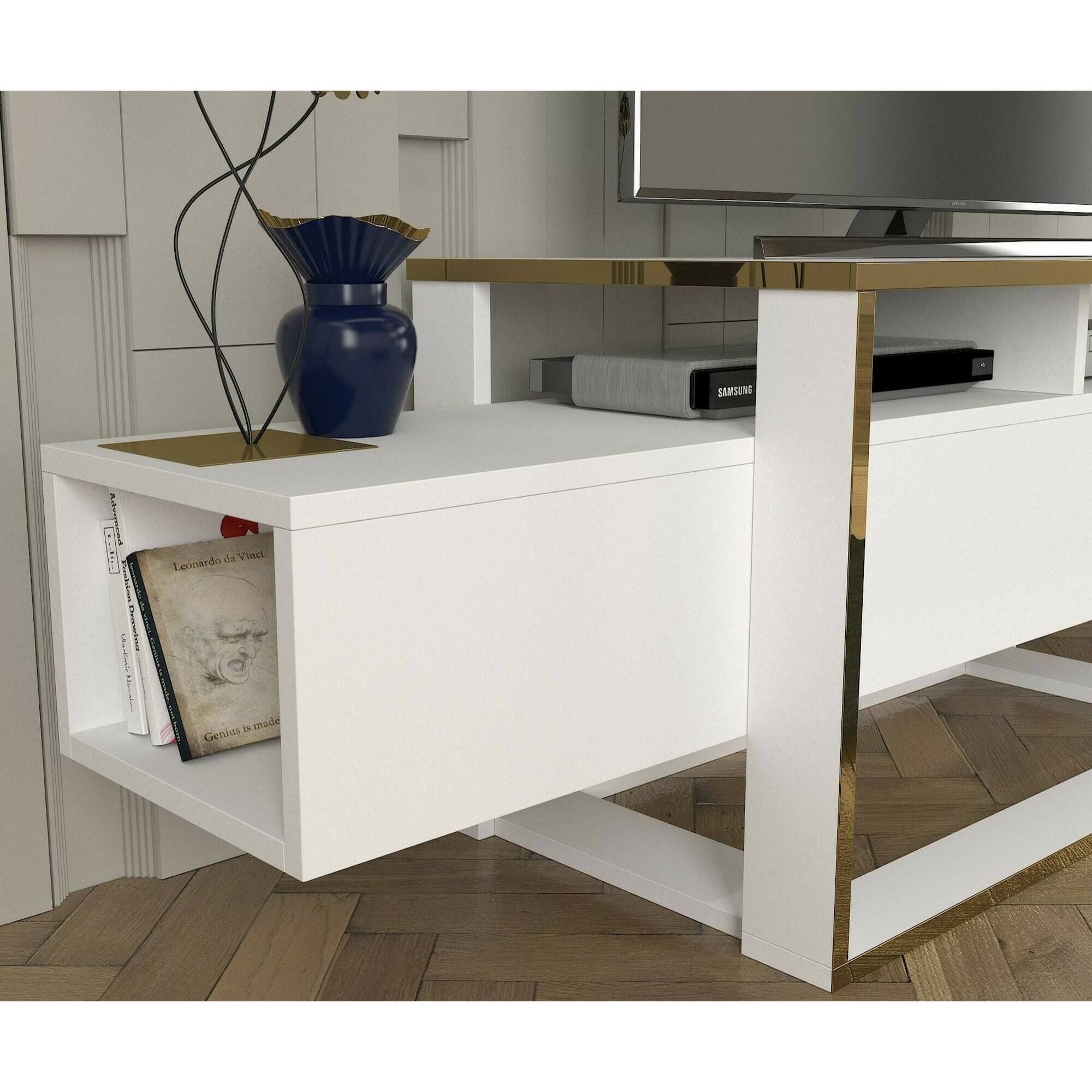 Mobile porta TV Dgiacint, Credenza da soggiorno, Armadio basso per TV, Base parete attrezzata, 160x46h50 cm, Bianco e Oro