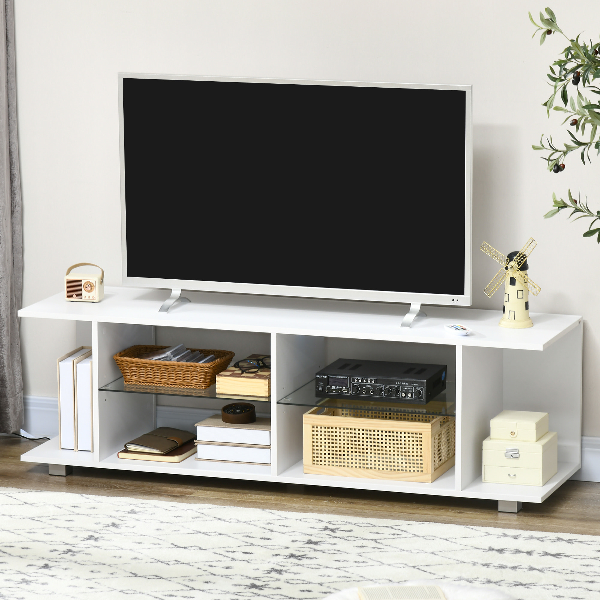 Meuble banc TV sur pieds avec lumières LED - 2 étagères en verre trempé pour télévision jusqu'à 60 pouces style contemporain - 145 x 40 x 45 cm blanc