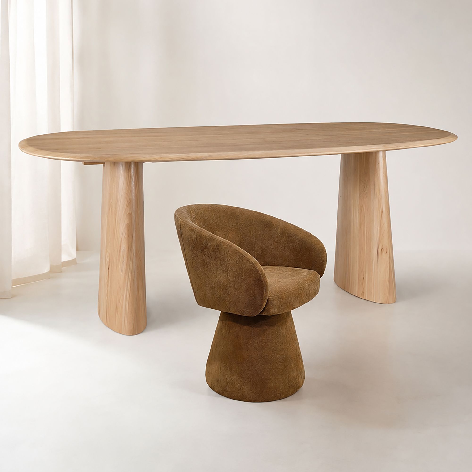 Ensemble table ovale 220cm et 6 fauteuils pivotants en tissu canelle ALBA