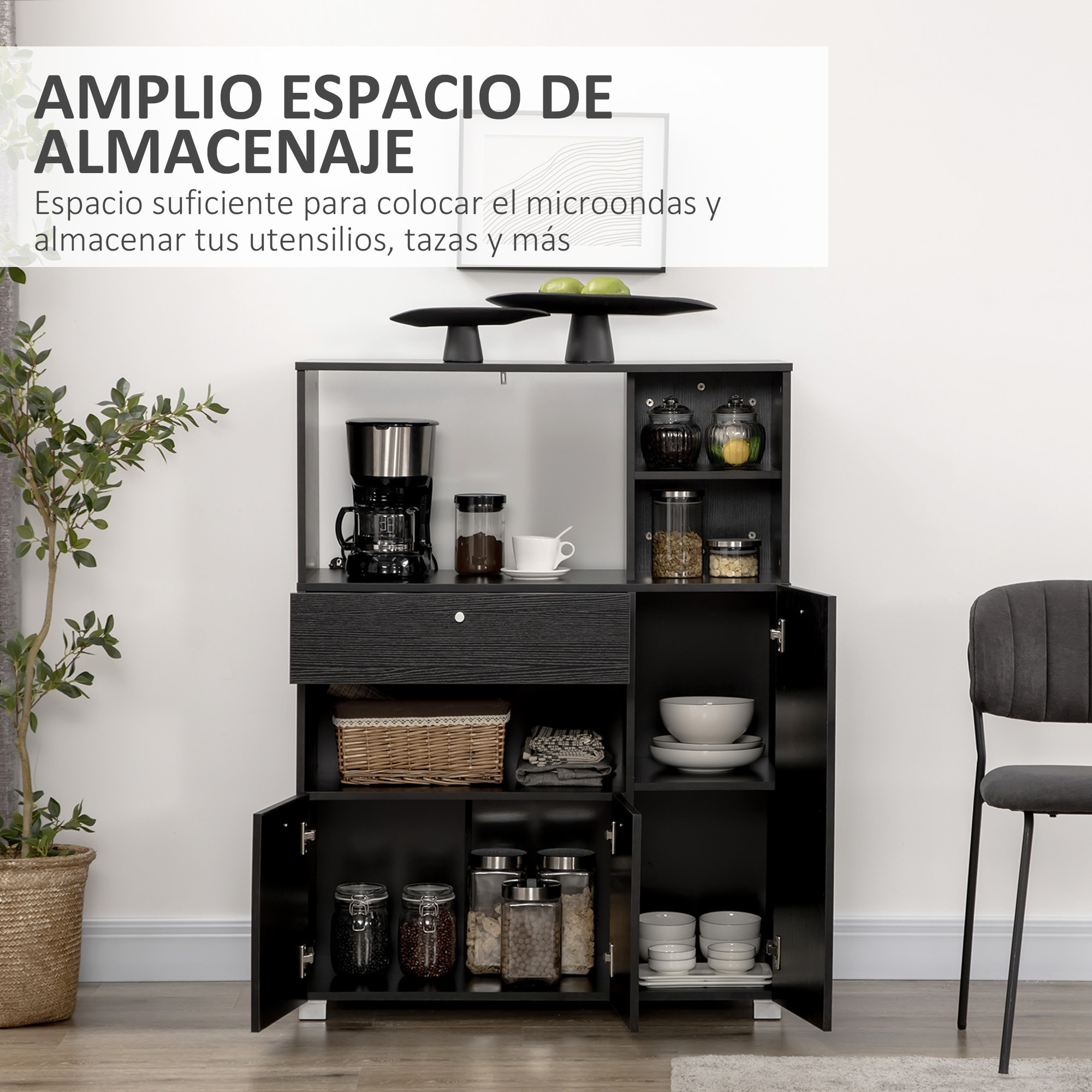 Mueble Auxiliar de Cocina Mueble para Microondas Aparador de Cocina con Cajón Estantes 3 Puertas 3 Compartimientos Diseño Anti-vuelco para Comedor 90x40x120 cm Negro