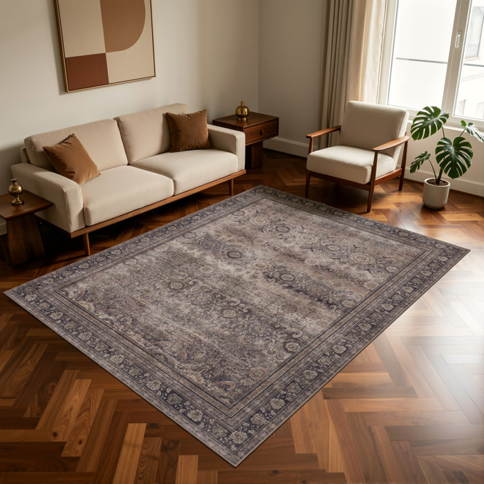 INKA - Tapis marron à poils courts doux à motif oriental vintage
