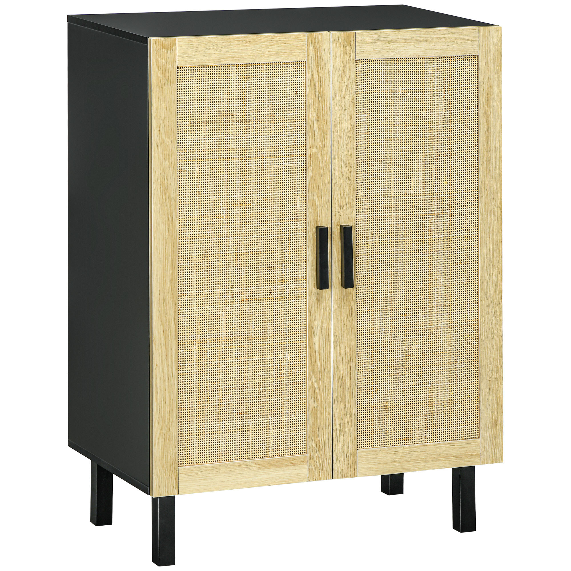 Buffet 2 portes 2 étagères réglables style bohème chic cannage en rotin panneaux aspect bois clair noir