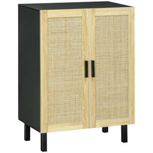 Buffet 2 portes 2 étagères réglables style bohème chic cannage en rotin panneaux aspect bois clair noir