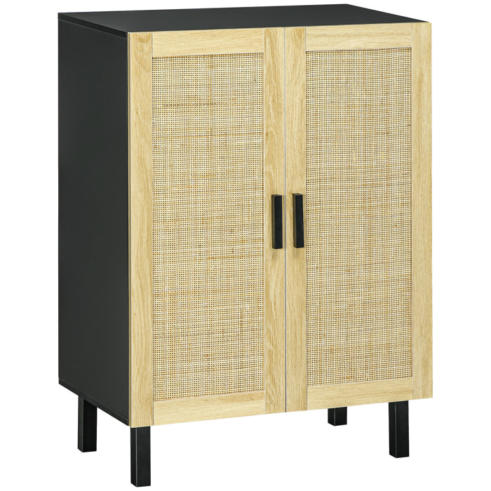 Buffet 2 portes 2 étagères réglables style bohème chic cannage en rotin panneaux aspect bois clair noir