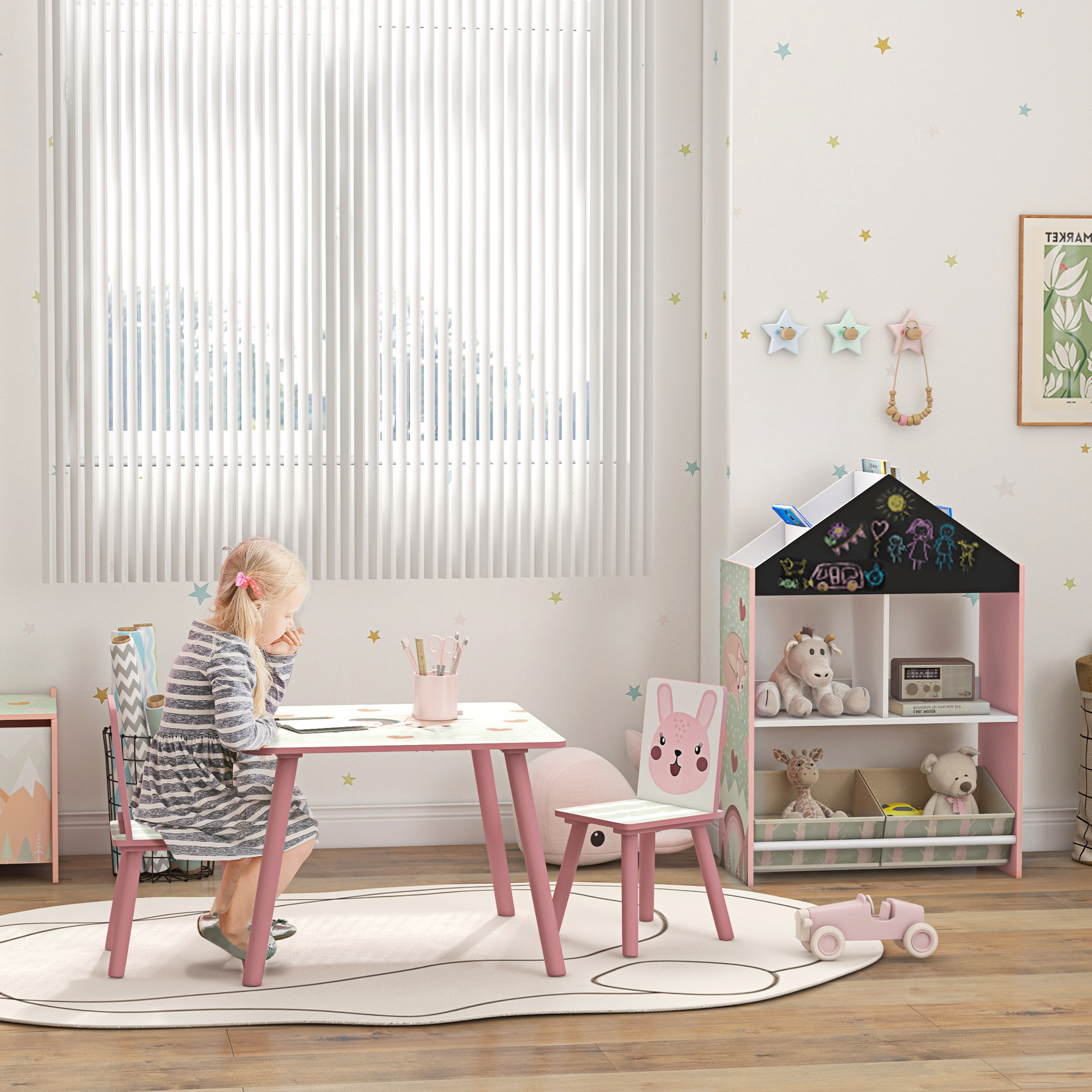 Conjunto para Niños Incluye 1 Estantería para Juguetes con Pizarra Pintable 2 Cajas de Tela no Tejida y 1 Mesa Infantil con 2 Sillas para Dormitorio Sala de Juegos Rosa