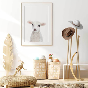 Affiche enfant bébé agneau  Affiche + cadre en bois - Chêne