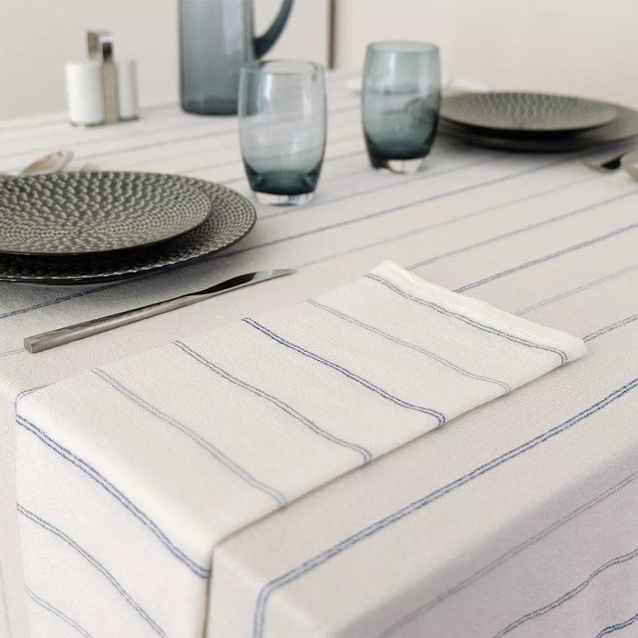 Nappe pur coton lavé motif jacquard blanc bleu Rimini blu