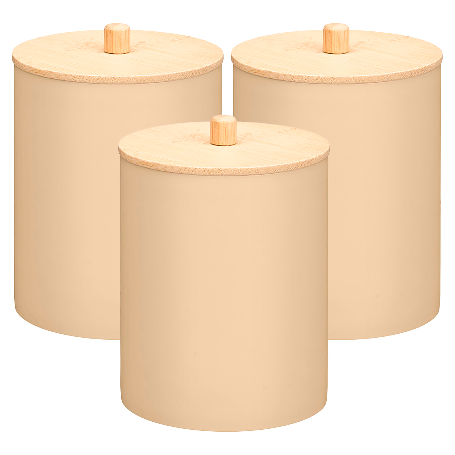 Pack 3 botes beige de plástico con tapa de bambú. 9x13,2 cm