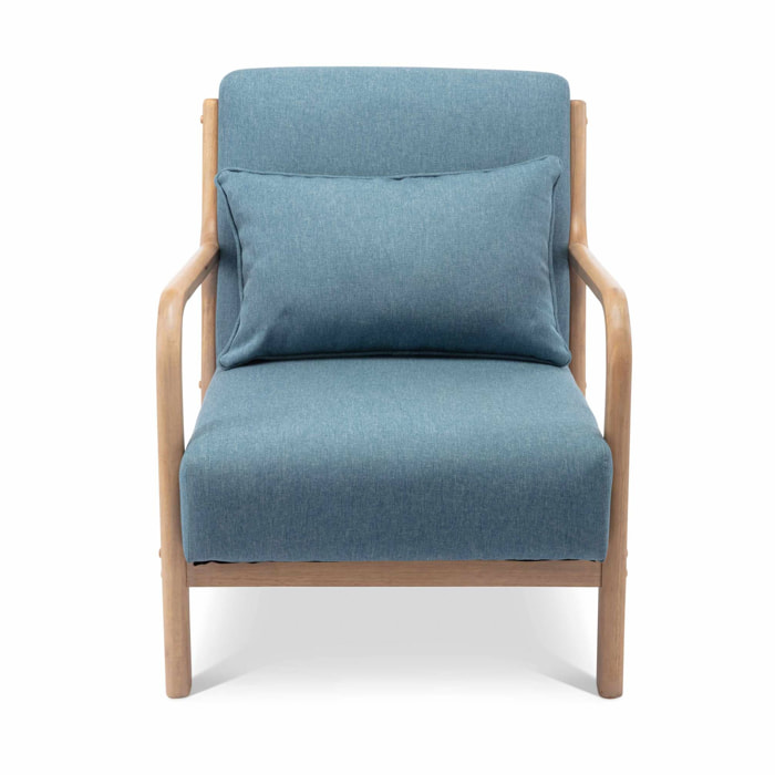 Fauteuil design en bois et tissu. 1 place droit fixe. pieds compas scandinave. assise confortable. structure en bois solide. bleu