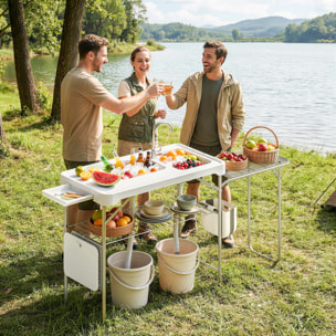 Mesa de Limpieza de Pescado Portátil, Mesa Plegable Camping con 2 Fregaderos, Grifo, Manguera, Estante Lateral, Rejilla, Cajón, Cesta, Regla, Ranuras, Estación de Limpieza para Pesca Barbacoa