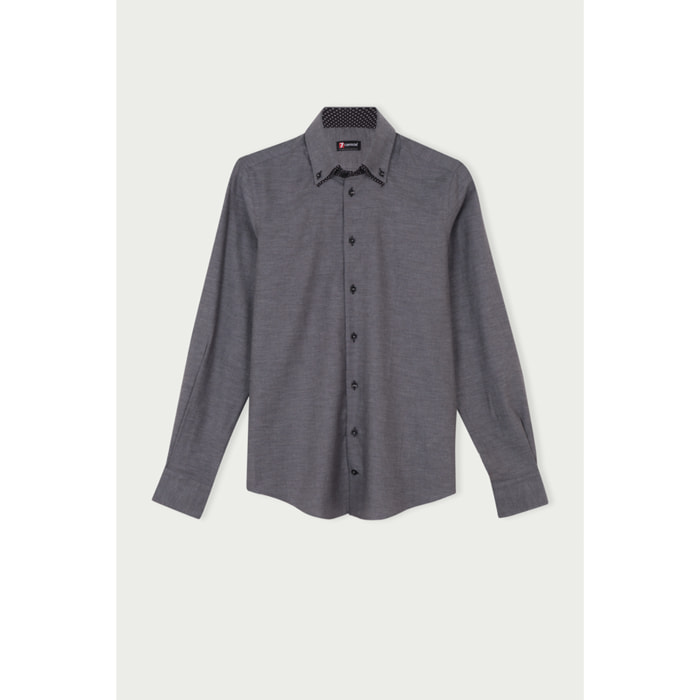 Camicia Uomo 2bottoni Button Down Doppio Collo Slim Flanella Unita Grigio Medio