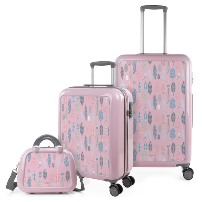 Juego De Maletas Pc Itaca Base Rosa Rosa Plumas