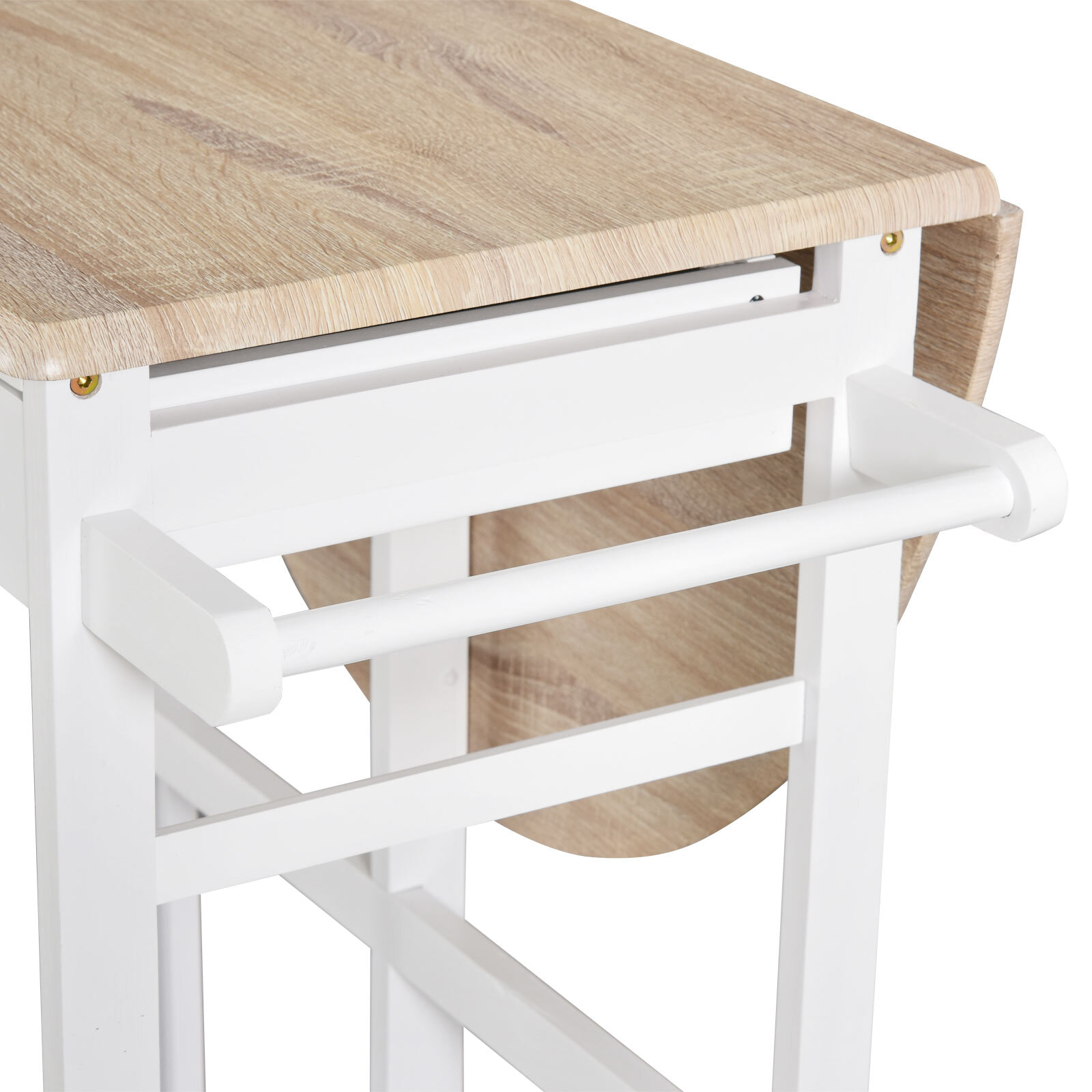 Ensemble table de bar pliable sur roulettes avec étagère et 2 tiroirs + 2 tabourets bois pin MDF blanc chêne clair