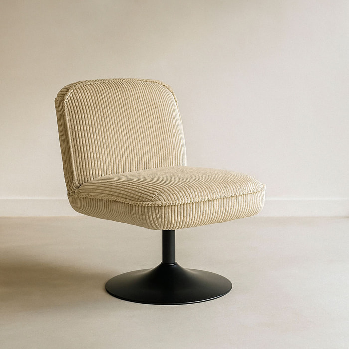 Fauteuil pivotant en velours beige et pied en métal noir FUNKY