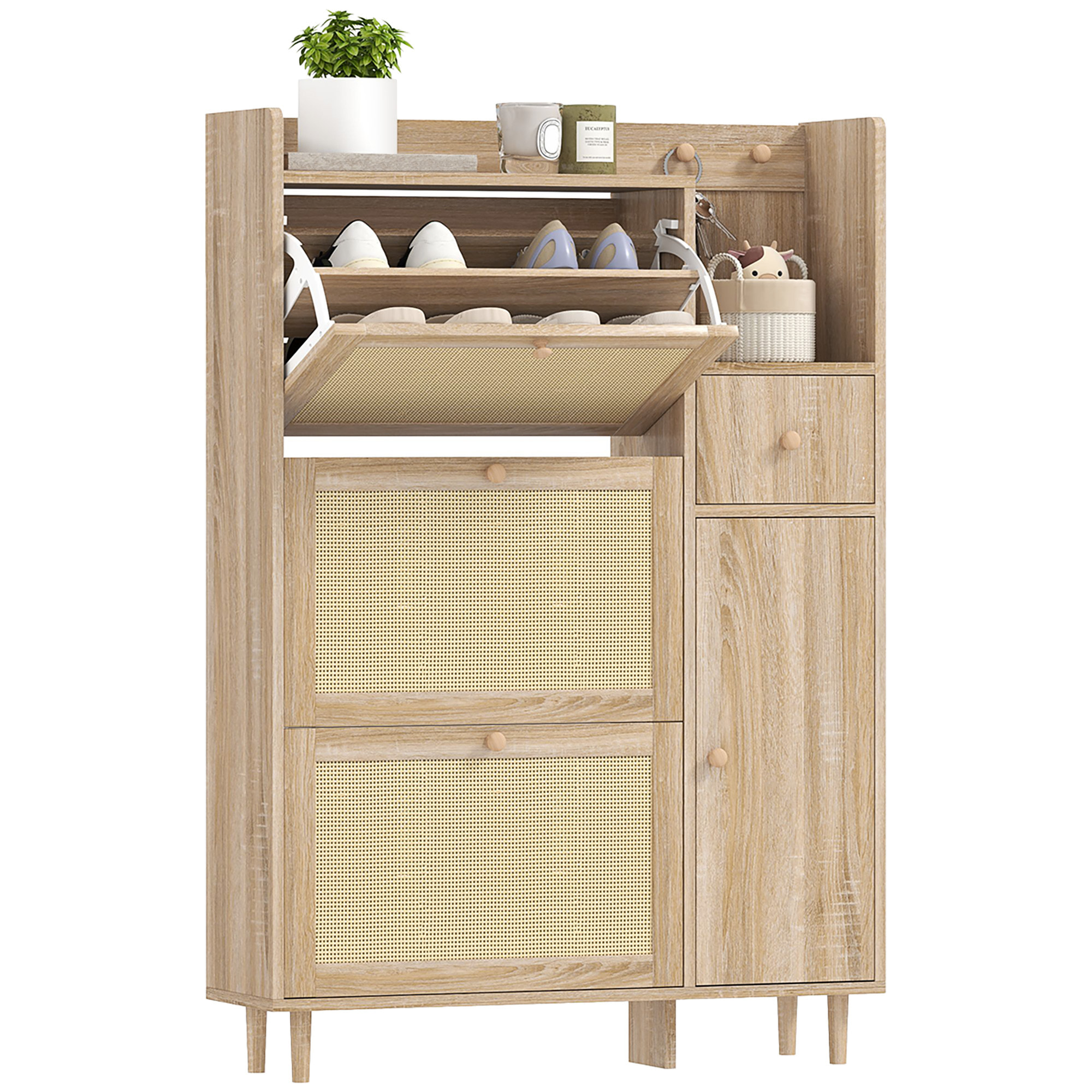 Mueble Zapatero Armario Zapatero con 3 Cajones Abatibles con Frentes de Ratán para 12 Pares de Zapatos Estantes Ajustables Zapatero Estrecho para Pasillo Entrada 80x23x120 cm Roble