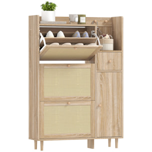 Mueble Zapatero Armario Zapatero con 3 Cajones Abatibles con Frentes de Ratán para 12 Pares de Zapatos Estantes Ajustables Zapatero Estrecho para Pasillo Entrada 80x23x120 cm Roble