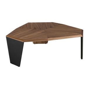 Mesa centro asimétrica con tapa de madera chapada en nogal natural y patas de PVC de en negro 115x96x40cm