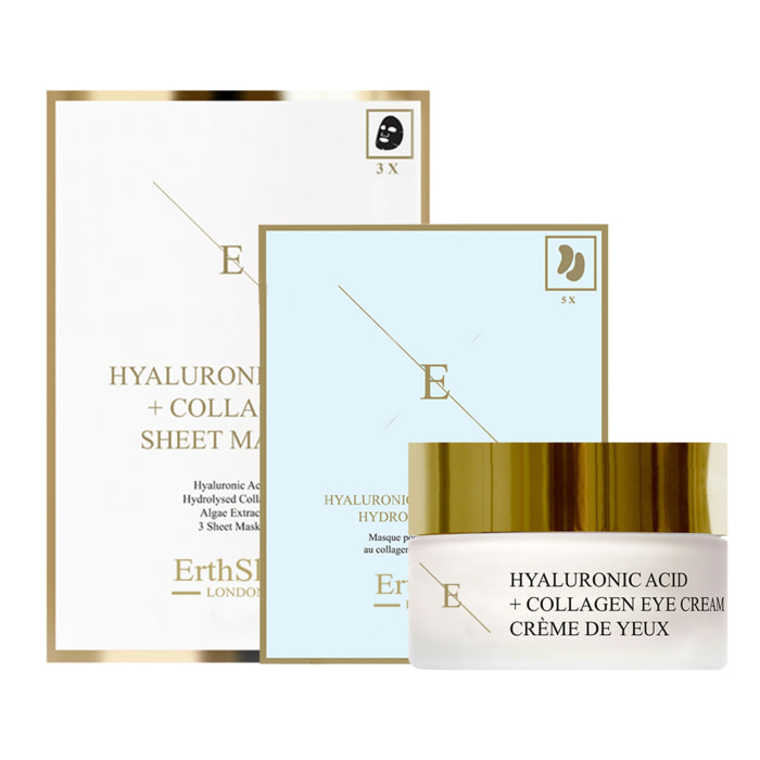 Mascarilla de ácido hialurónico y colágeno (3 láminas) + Crema para ojos Pro Age + Parches de hidrogel