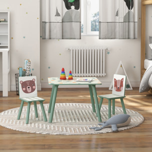 Ensemble table et chaises enfant design animaux de la forêt - table carrée + 2 chaises - bois pin MDF vert