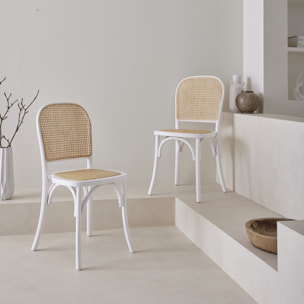 Lot de deux chaises vintage blanches en bois avec assise et dossier en rotin