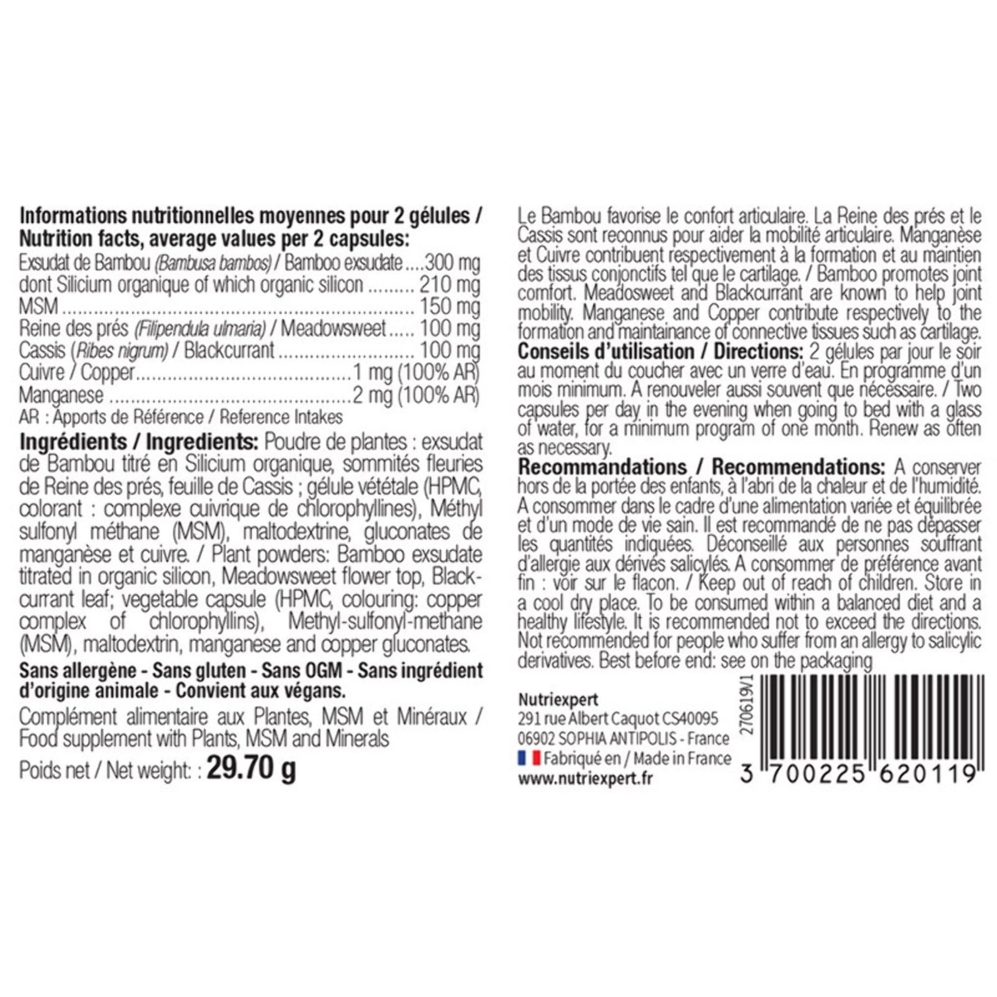 NUTRI EXPERT - Artrogenol - Confort ostéo-articulaire - Formulée à base de Bambou, MSM, Cassis, Reine des prés, Cuivre et Manganèse - Cure de 30 j - 60 gélules végétales