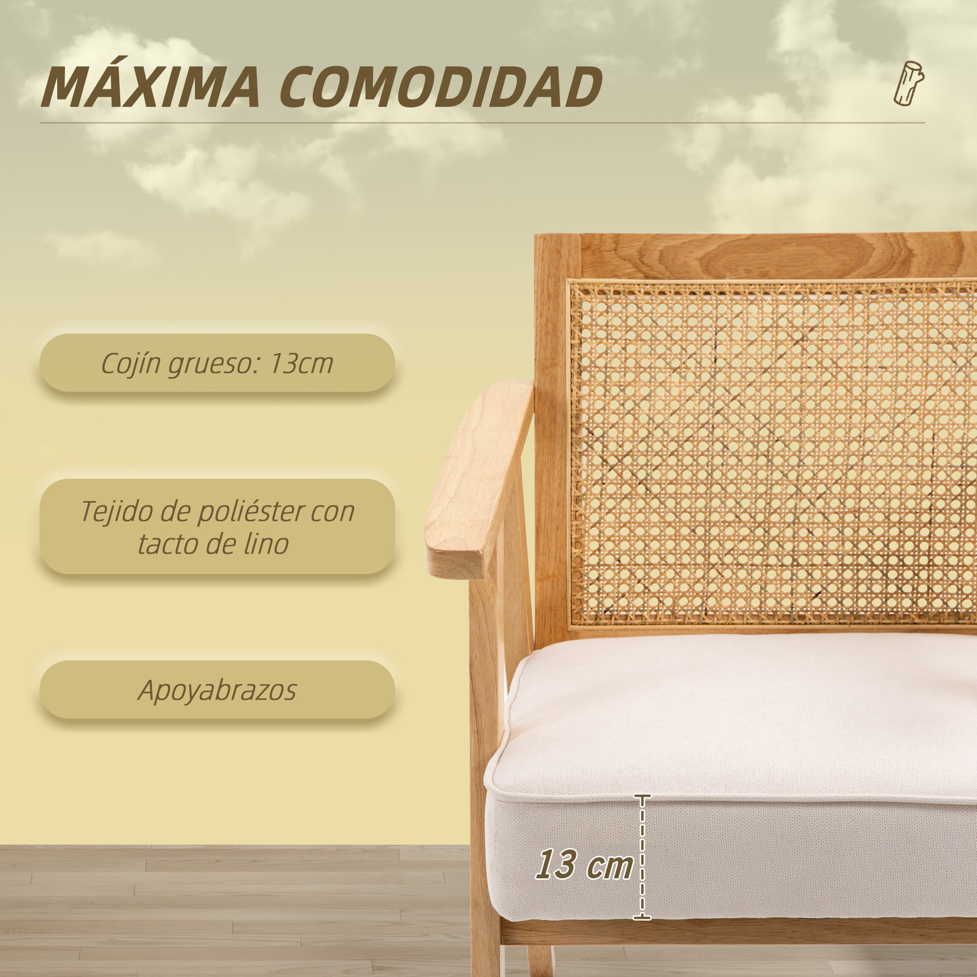 Butaca de Salón Sillón de Salón con Reposabrazos Respaldo de Ratán y Marco de Madera de Caucho Butaca para Dormitorio Sala de Estar Carga 120 kg Natural y Beige