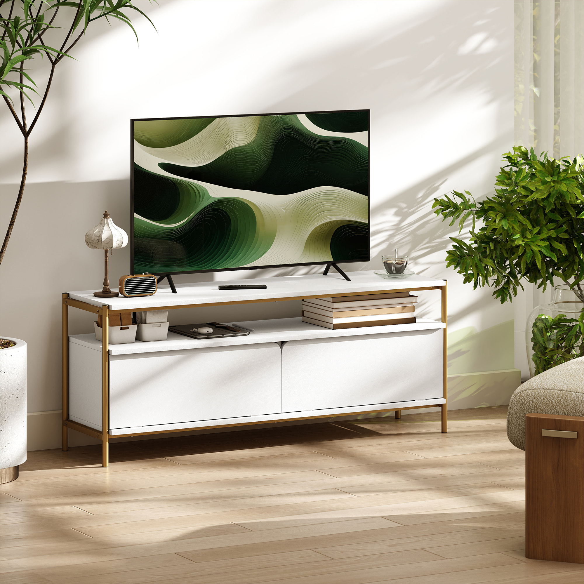 Meuble TV design Art déco 2 portes battantes étagère dim. 124 x 35 x 50 cm acier doré effet bois blanc