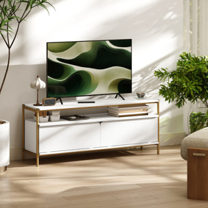 Meuble TV design Art déco 2 portes battantes étagère dim. 124 x 35 x 50 cm acier doré effet bois blanc