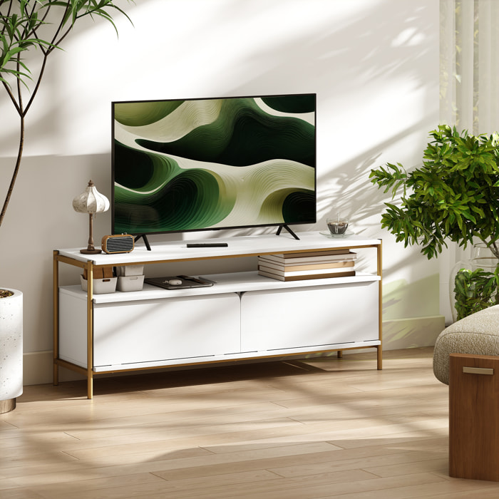 Meuble TV design Art déco 2 portes battantes étagère dim. 124 x 35 x 50 cm acier doré effet bois blanc