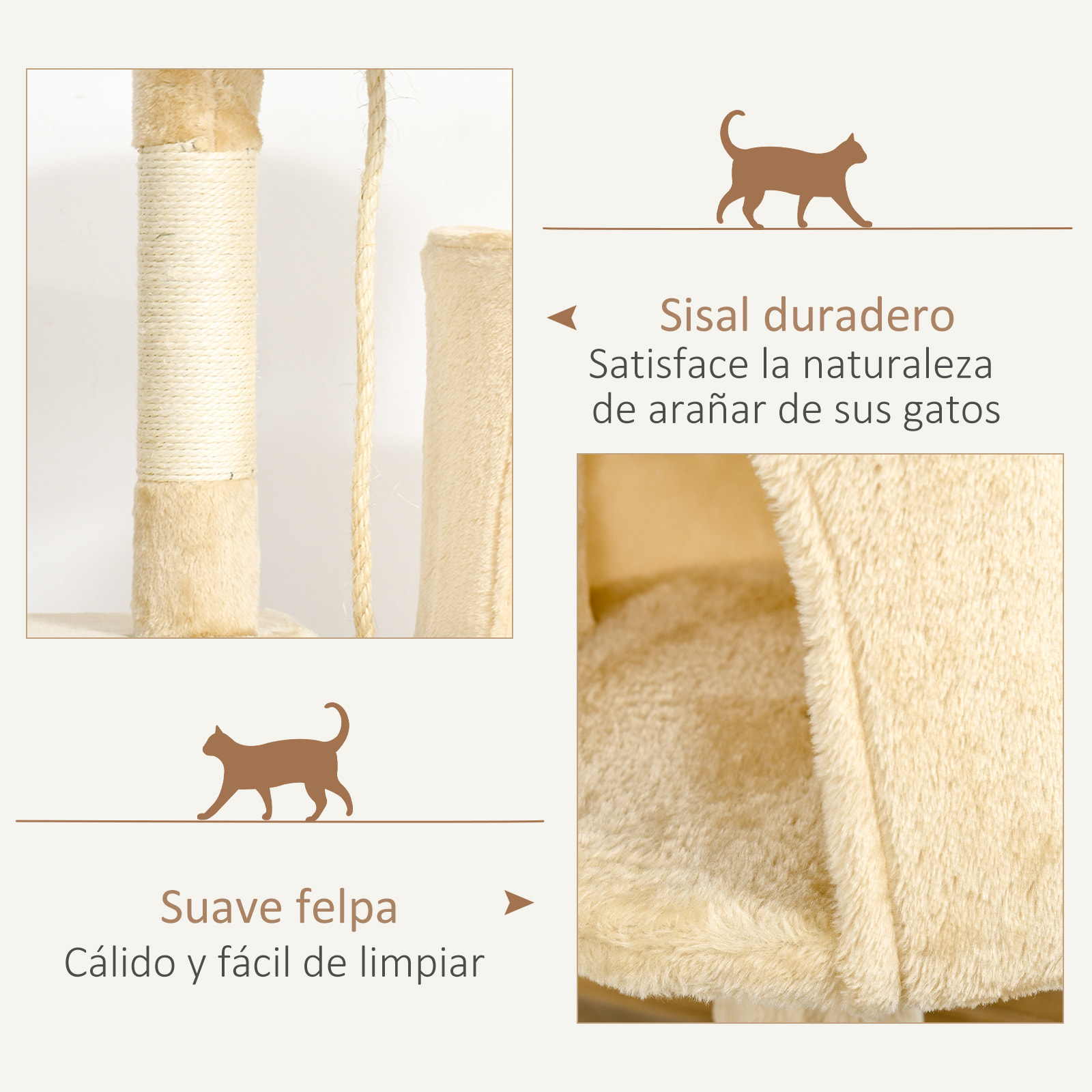 árbol para Gatos de Madera Felpa y Sisal 40x40x114cm Beige
