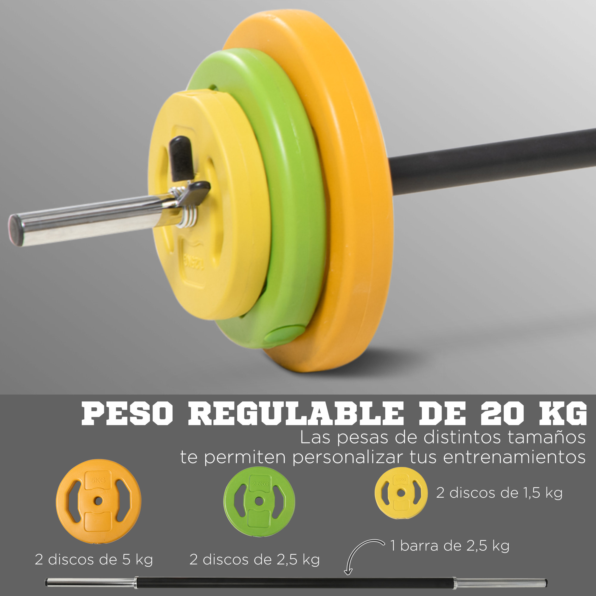 Conjunto de Banco de Pesas Multifuncional y Barra de Pesas con 6 Discos de Pesos Intercambiables para Entrenamiento Fuerza y Brazos en Gimnasio 165x68x114 cm 130x28x28 cm Multicolor