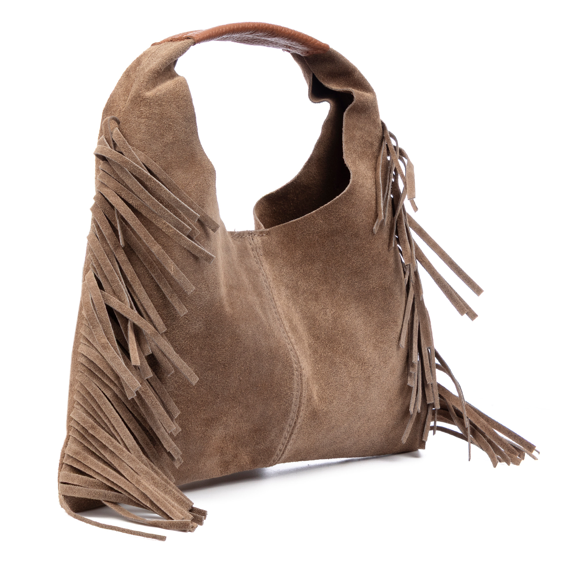 Balmuccia borsa a mano donna. Pelle scamosciata autentica, con frange.